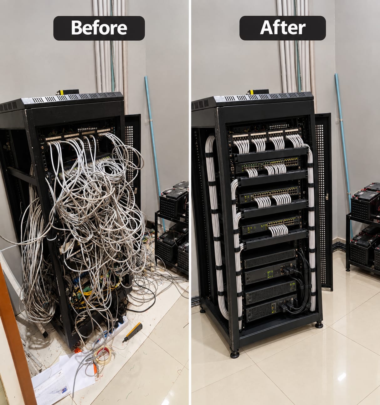 Network rack cabling before and after professional cleanup